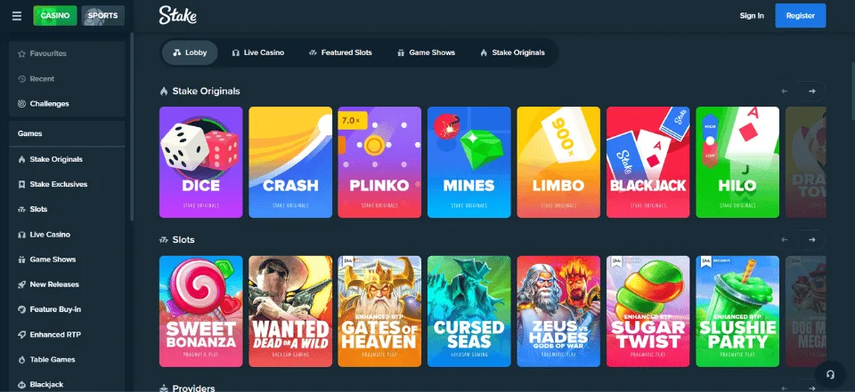 Games selection in stake.com